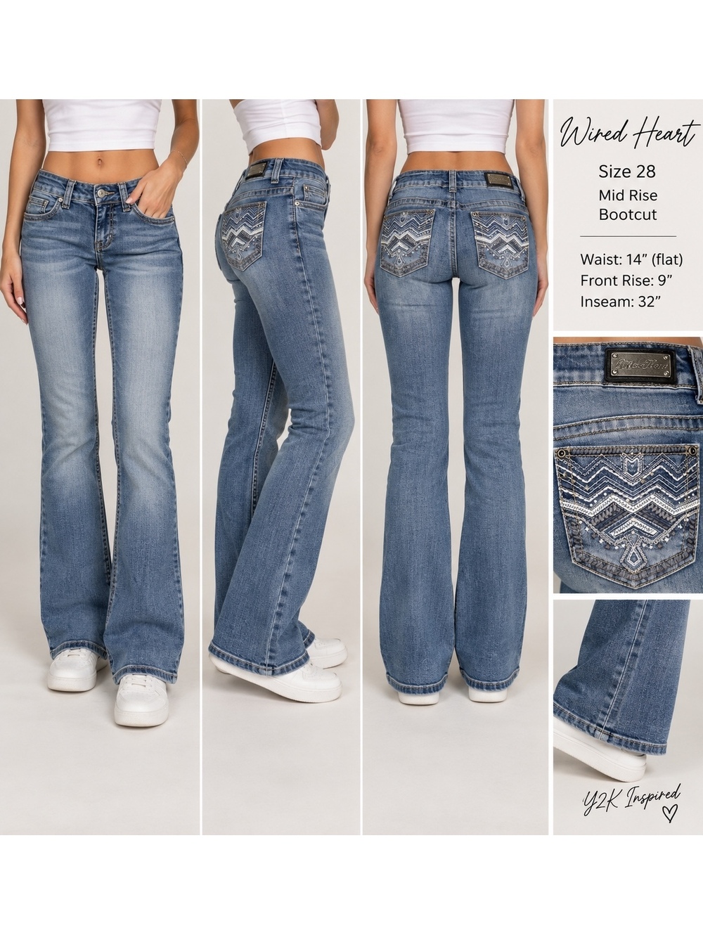 Wired Heart Jeans Size 28 Mid Rise Y2K Embroidered Bootcut Denim